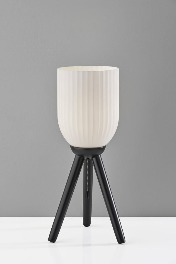 Homeroots 23" Black Solid Wood Tripod Table Lamp With White Ribbed Glass Shade   524622