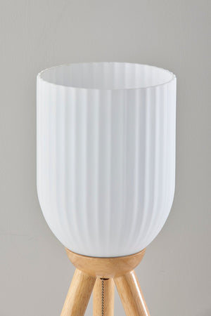 Homeroots 23" Natural Solid Wood Tripod Table Lamp With White Ribbed Glass Shade   524623