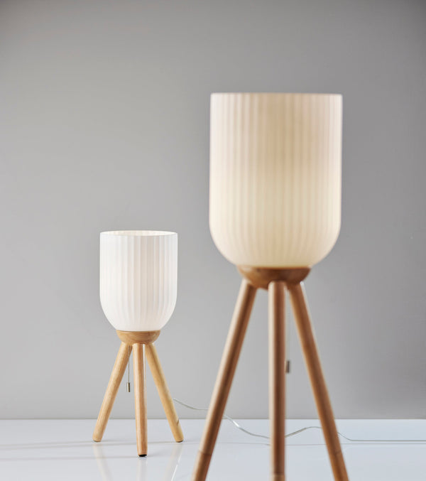 Homeroots 23" Natural Solid Wood Tripod Table Lamp With White Ribbed Glass Shade   524623