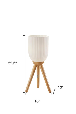 Homeroots 23" Natural Solid Wood Tripod Table Lamp With White Ribbed Glass Shade   524623