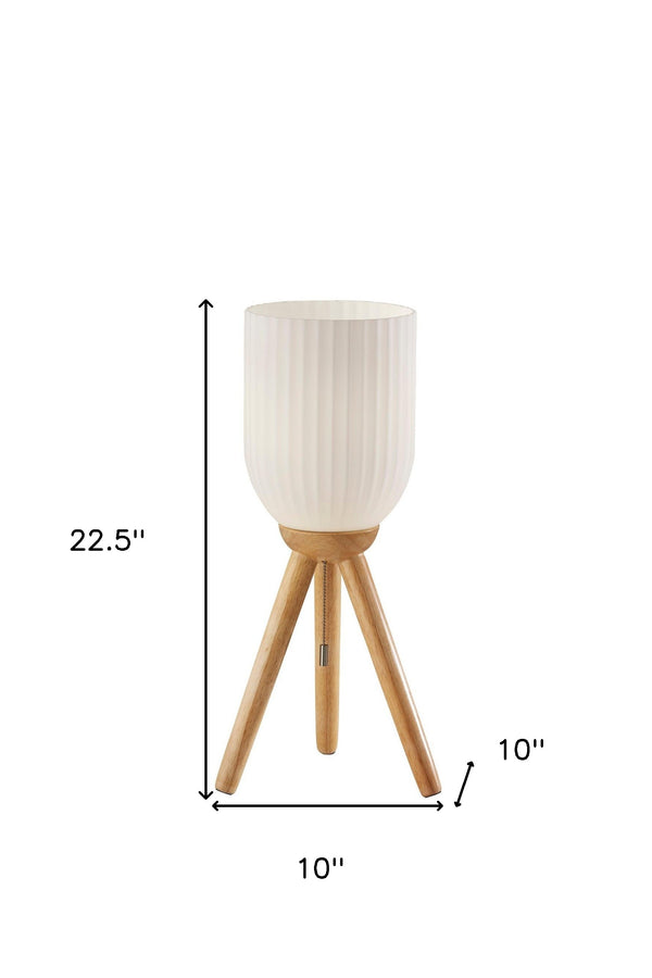 Homeroots 23" Natural Solid Wood Tripod Table Lamp With White Ribbed Glass Shade   524623