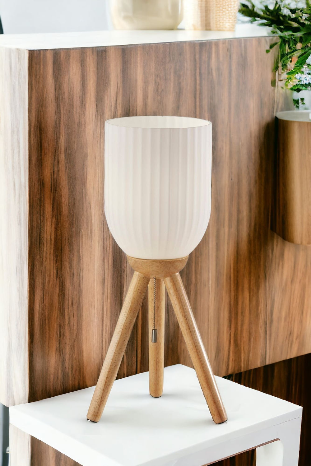 Homeroots 23" Natural Solid Wood Tripod Table Lamp With White Ribbed Glass Shade   524623