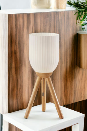 Homeroots 23" Natural Solid Wood Tripod Table Lamp With White Ribbed Glass Shade   524623