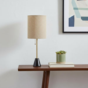 HomeRoots 28" Elegant Black and Gold Marble Table Lamp with Beige Drum Shade for Stylish Home Illumination 524624