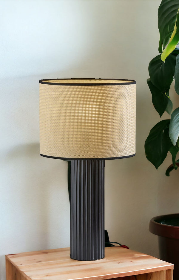 Homeroots 24" Black Ceramic Cylinder Table Lamp With Beige Drum Shade   524625