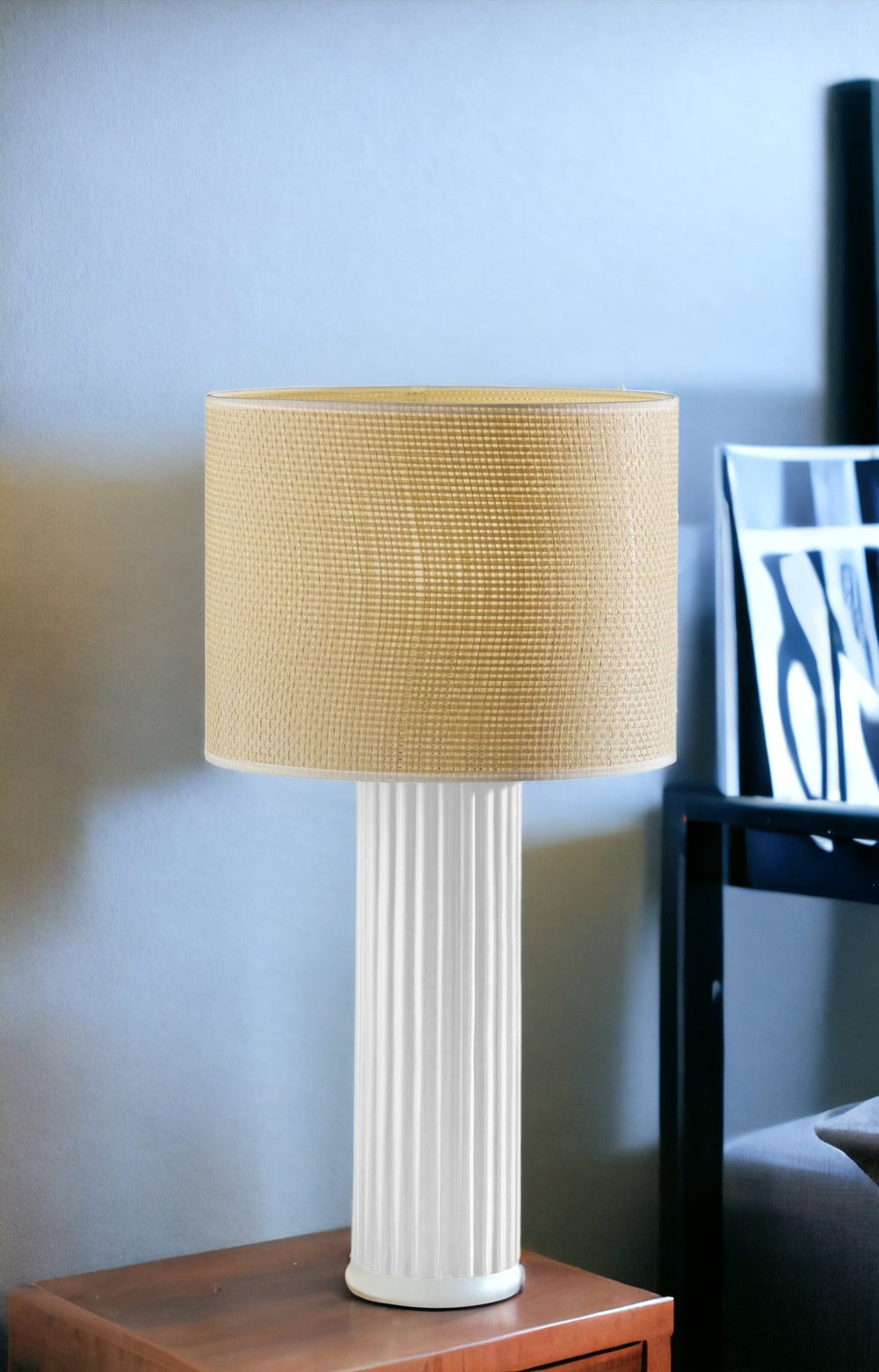 Homeroots 24" White Ceramic Cylinder Table Lamp With Beige Drum Shade   524626