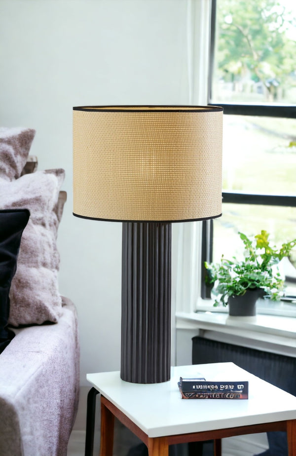 HomeRoots 29" Black Ceramic Cylinder Table Lamp - Stylish Beige Shade for Home Decor & Ambient Lighting 524627