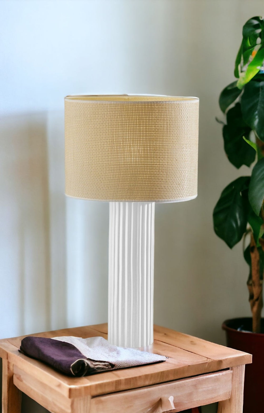 HomeRoots 29" White Ceramic Cylinder Table Lamp - Chic Beige Drum Shade for Modern & Coastal Décor Spaces 524628