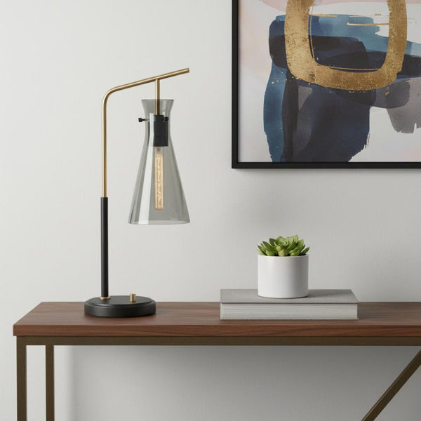 HomeRoots 24" Black and Gold Metal Desk Lamp with Gray Cone Shade - Chic Task Lighting for Home & Office 524629