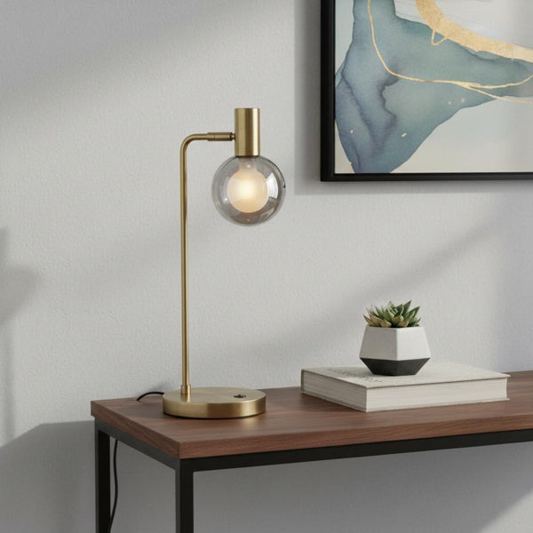 HomeRoots 18" Antiqued Brass Cylinder Desk Lamp with Gray Globe Shade & Starling LED Bulb for Modern Spaces 524633