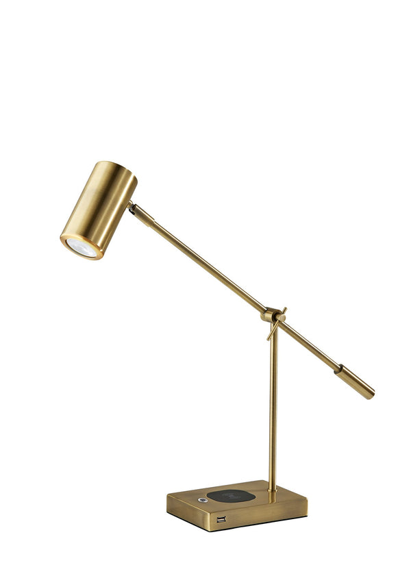 Homeroots 22" Antiqued Brass Metal Novelty Desk Led Usb Table Lamp With Brass Drum Shade   524634