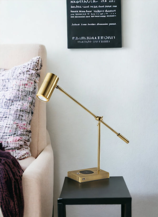 Homeroots 22" Antiqued Brass Metal Novelty Desk Led Usb Table Lamp With Brass Drum Shade   524634