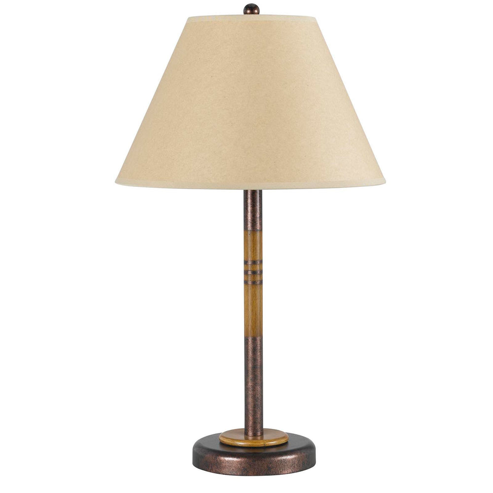 Homeroots 24" Rustic Bronze And Oak Metal Table Lamp With Brown Empire Shade   524655
