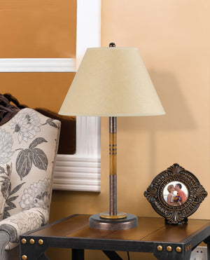 Homeroots 24" Rustic Bronze And Oak Metal Table Lamp With Brown Empire Shade   524655