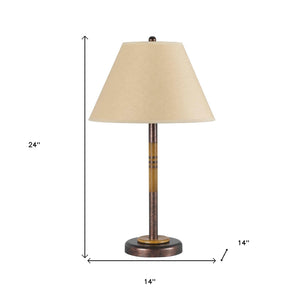Homeroots 24" Rustic Bronze And Oak Metal Table Lamp With Brown Empire Shade   524655