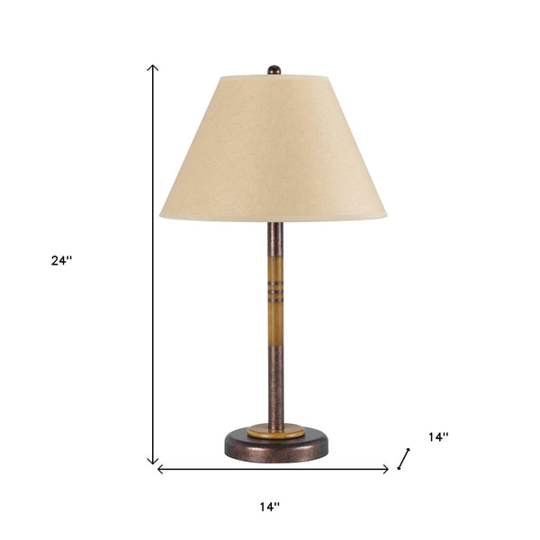 Homeroots 24" Rustic Bronze And Oak Metal Table Lamp With Brown Empire Shade   524655