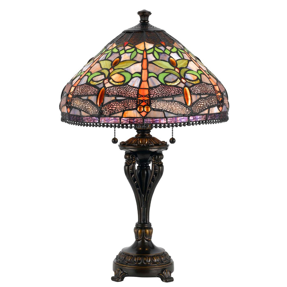 HomeRoots 26" Bronze Metal Two-Light Table Lamp with Purple Dragonfly Cone Shade for Elegant Decor 524657