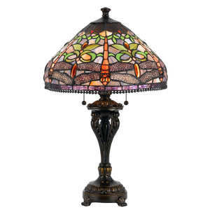 HomeRoots 26" Bronze Metal Two-Light Table Lamp with Purple Dragonfly Cone Shade for Elegant Decor 524657