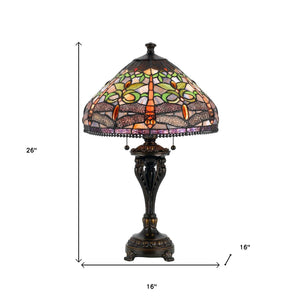 HomeRoots 26" Bronze Metal Two-Light Table Lamp with Purple Dragonfly Cone Shade for Elegant Decor 524657