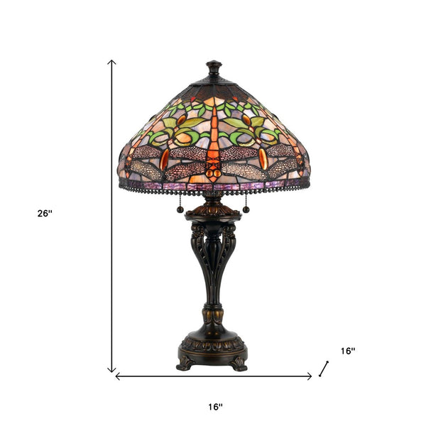 HomeRoots 26" Bronze Metal Two-Light Table Lamp with Purple Dragonfly Cone Shade for Elegant Decor 524657