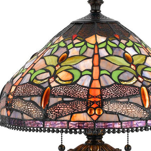 HomeRoots 26" Bronze Metal Two-Light Table Lamp with Purple Dragonfly Cone Shade for Elegant Decor 524657