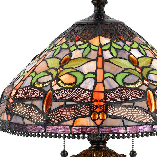 HomeRoots 26" Bronze Metal Two-Light Table Lamp with Purple Dragonfly Cone Shade for Elegant Decor 524657