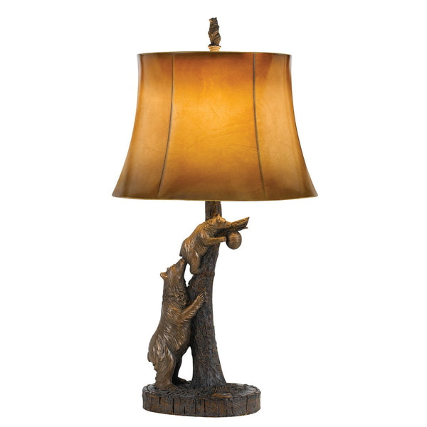 HomeRoots 31" Rustic Bronze Bear Table Lamp with Ombre Brown Faux Leather Shade for Cozy Lodge Decor 524661