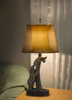 HomeRoots 31" Rustic Bronze Bear Table Lamp with Ombre Brown Faux Leather Shade for Cozy Lodge Decor 524661