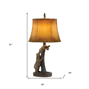 HomeRoots 31" Rustic Bronze Bear Table Lamp with Ombre Brown Faux Leather Shade for Cozy Lodge Decor 524661