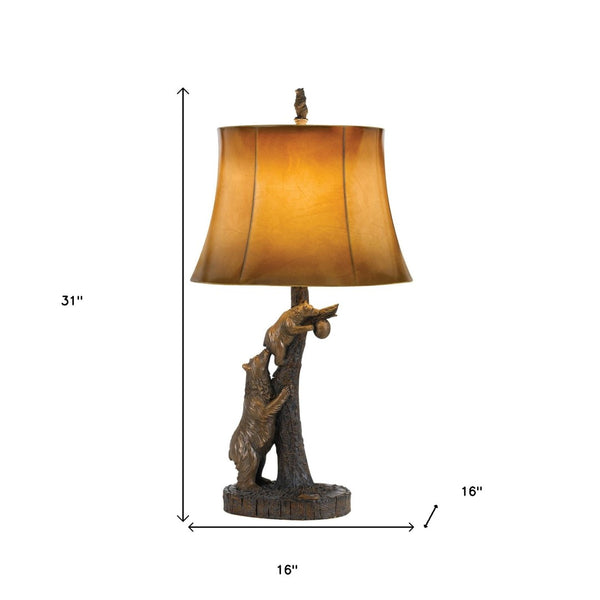 HomeRoots 31" Rustic Bronze Bear Table Lamp with Ombre Brown Faux Leather Shade for Cozy Lodge Decor 524661