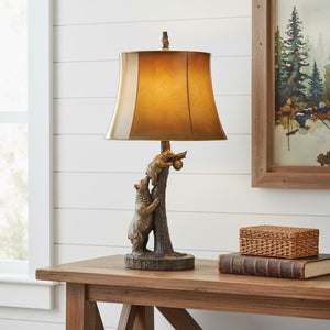 HomeRoots 31" Rustic Bronze Bear Table Lamp with Ombre Brown Faux Leather Shade for Cozy Lodge Decor 524661