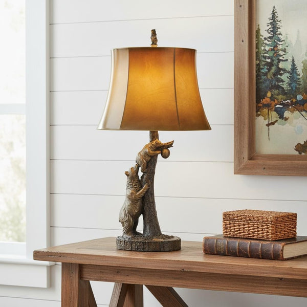 HomeRoots 31" Rustic Bronze Bear Table Lamp with Ombre Brown Faux Leather Shade for Cozy Lodge Decor 524661