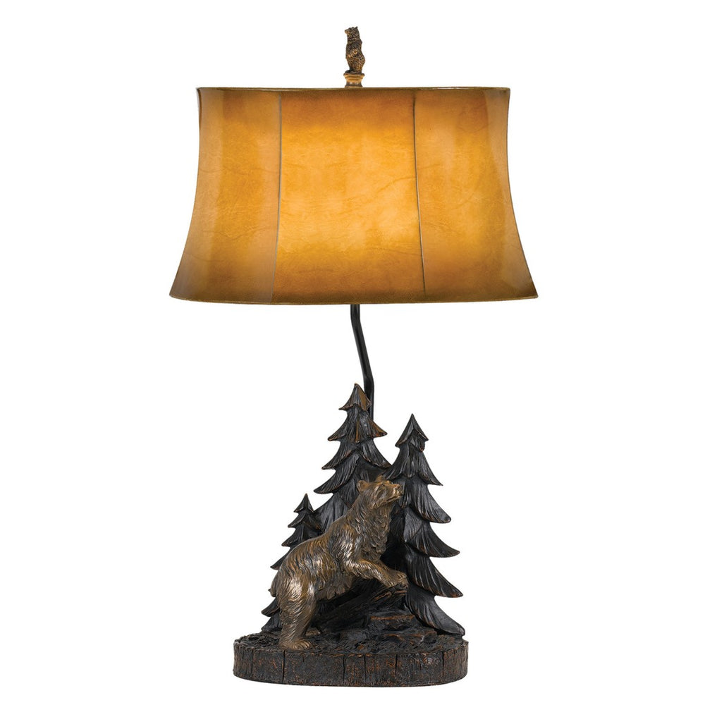 HomeRoots 29" Antiqued Bronze Bear Finial Table Lamp with Warm Brown Bell Shade for Rustic Home Decor 524663