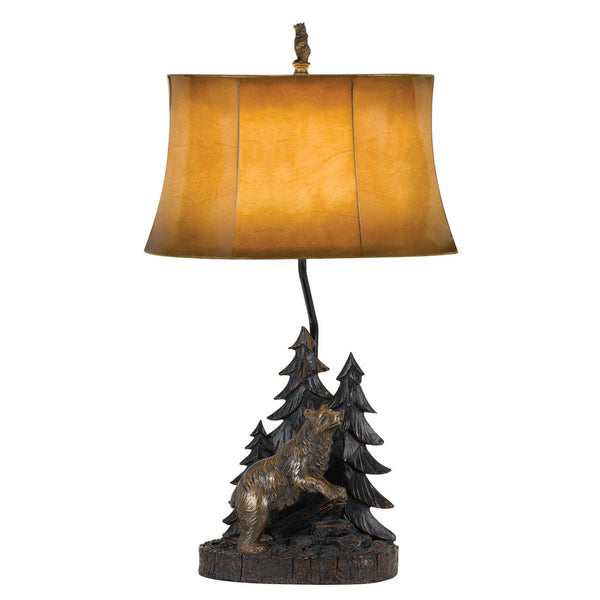 HomeRoots 29" Antiqued Bronze Bear Finial Table Lamp with Warm Brown Bell Shade for Rustic Home Decor 524663