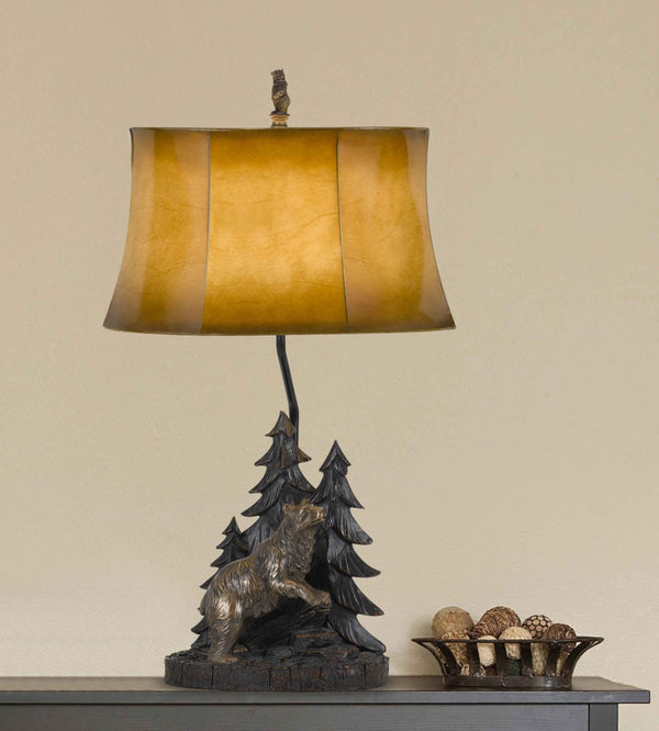 HomeRoots 29" Antiqued Bronze Bear Finial Table Lamp with Warm Brown Bell Shade for Rustic Home Decor 524663