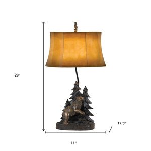 HomeRoots 29" Antiqued Bronze Bear Finial Table Lamp with Warm Brown Bell Shade for Rustic Home Decor 524663