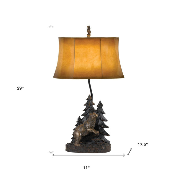 HomeRoots 29" Antiqued Bronze Bear Finial Table Lamp with Warm Brown Bell Shade for Rustic Home Decor 524663