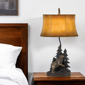 HomeRoots 29" Antiqued Bronze Bear Finial Table Lamp with Warm Brown Bell Shade for Rustic Home Decor 524663