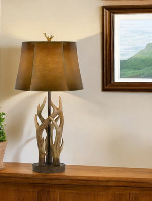 HomeRoots 33" Rustic Antlers Table Lamp with Brown Drum Shade – Warm Ambient Lighting for Cozy Spaces 524665