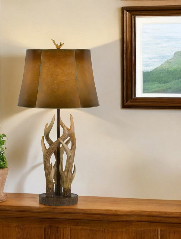 HomeRoots 33" Rustic Antlers Table Lamp with Brown Drum Shade – Warm Ambient Lighting for Cozy Spaces 524665