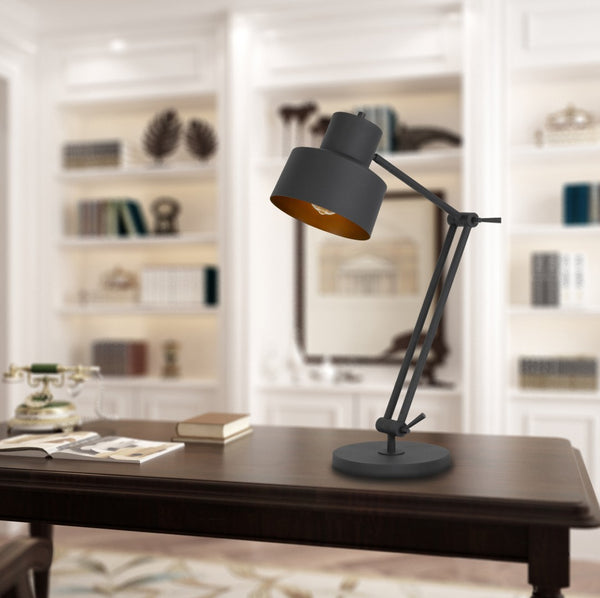 HomeRoots 33" Adjustable Black Metal Desk Lamp - Sleek Modern Design with Dual Pivoting Arms & Dimmable Light 524668