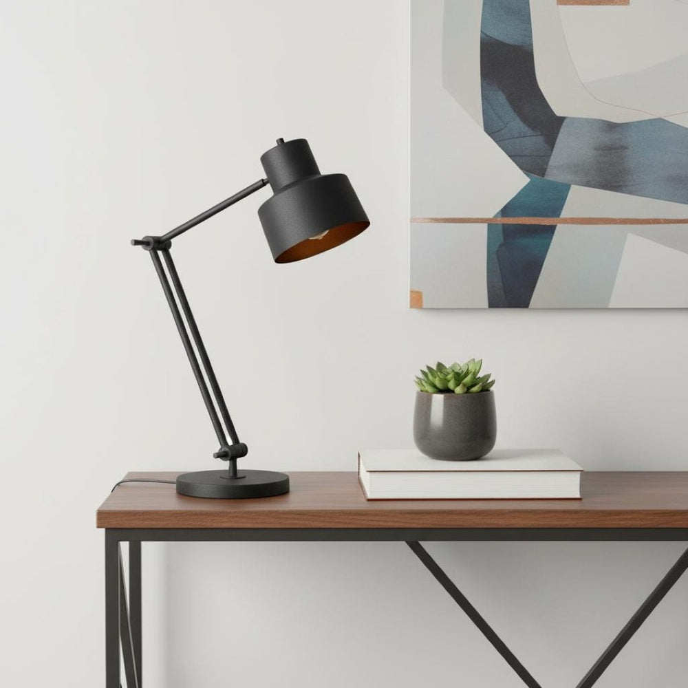 HomeRoots 33" Adjustable Black Metal Desk Lamp - Sleek Modern Design with Dual Pivoting Arms & Dimmable Light 524668