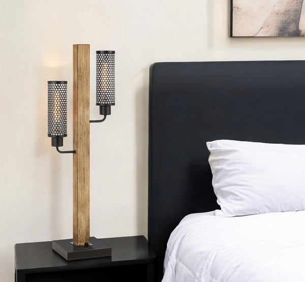 Homeroots 32" Gray Metal Two Light Table Lamp With Black Novelty Shade   524673