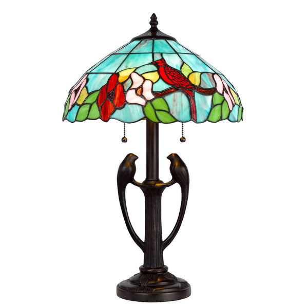 Homeroots 22" Bronze Two Light Tiffany Table Lamp With Aqua And Red Floral Shade   524677