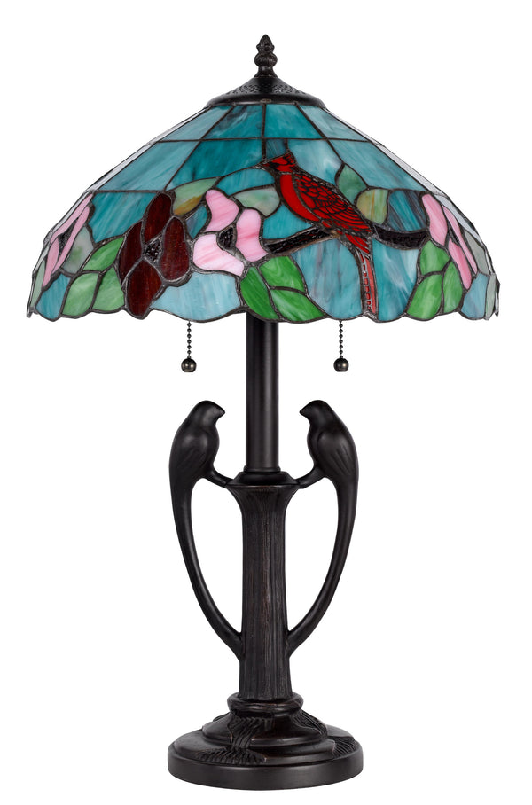 Homeroots 22" Bronze Two Light Tiffany Table Lamp With Aqua And Red Floral Shade   524677