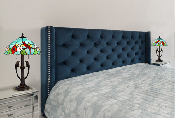 Homeroots 22" Bronze Two Light Tiffany Table Lamp With Aqua And Red Floral Shade   524677