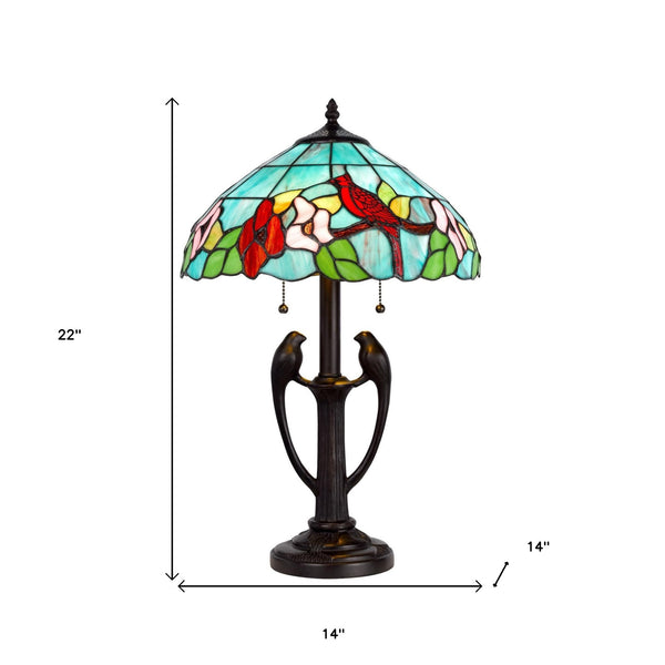 Homeroots 22" Bronze Two Light Tiffany Table Lamp With Aqua And Red Floral Shade   524677