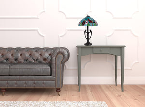 Homeroots 22" Bronze Two Light Tiffany Table Lamp With Aqua And Red Floral Shade   524677