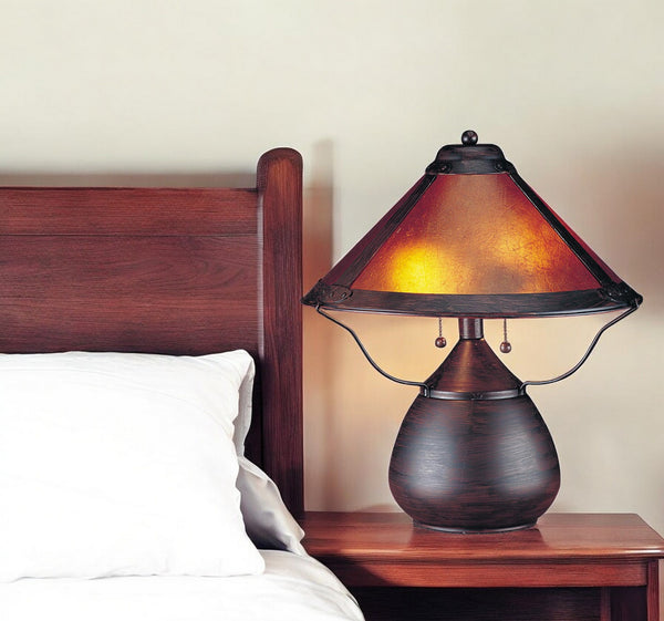 Homeroots 17" Rust Metal Two Light Round Table Lamp With Amber Empire Shade   524679