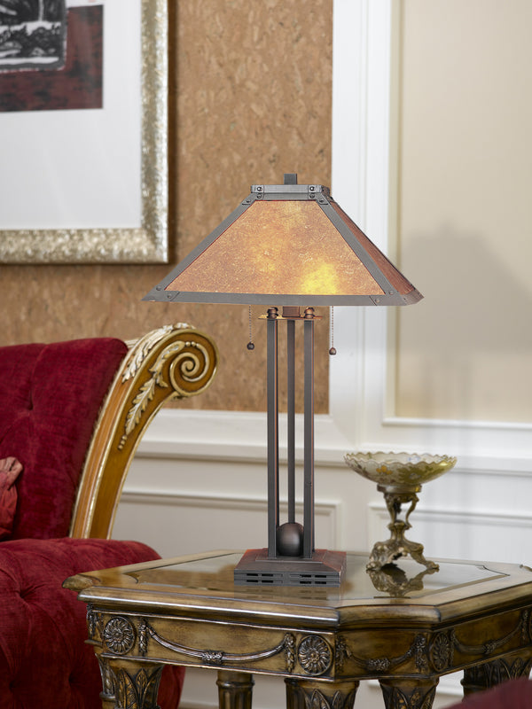 Homeroots 25" Gray Metal Two Light Cylinder Table Lamp With Amber Square Shade   524680